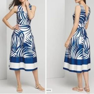 WHBM NEW Sleeveless V-Neck Sateen Midi Dress Blue White 6 Wedding Guest Party